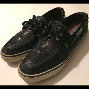 Black Sequin and patent leather Sperry Boat Shoes.